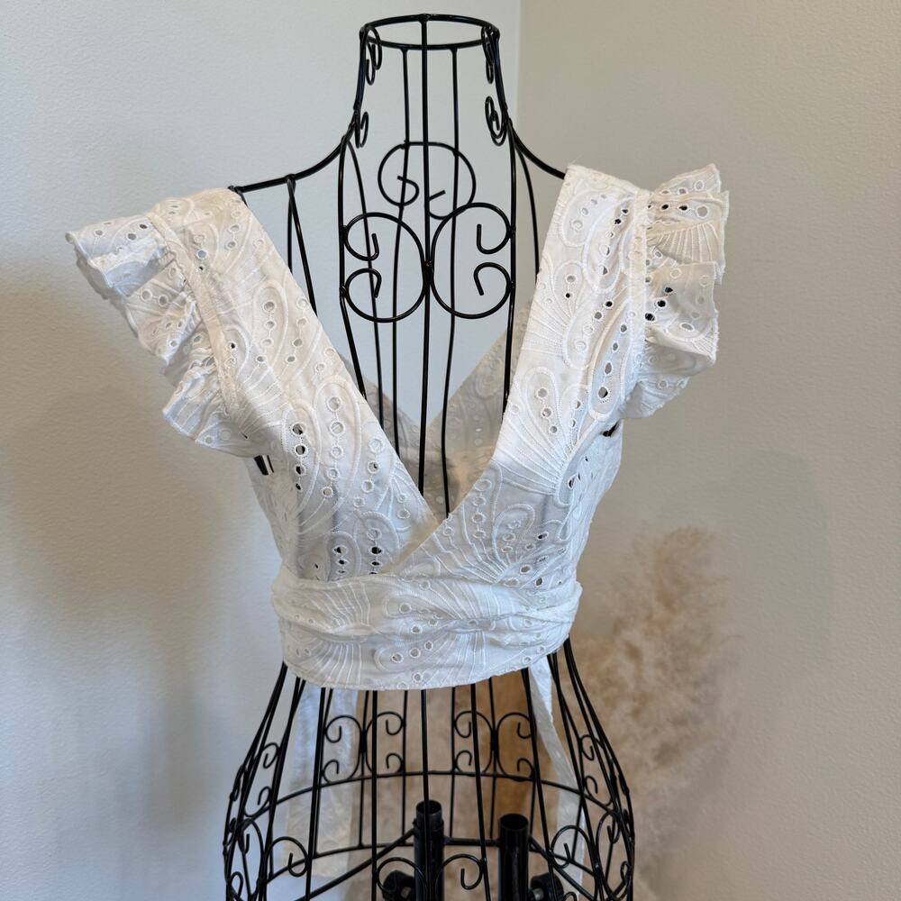 Luisa Positano White Eyelet Embroidered Wrap Crop Top - Made in Italy